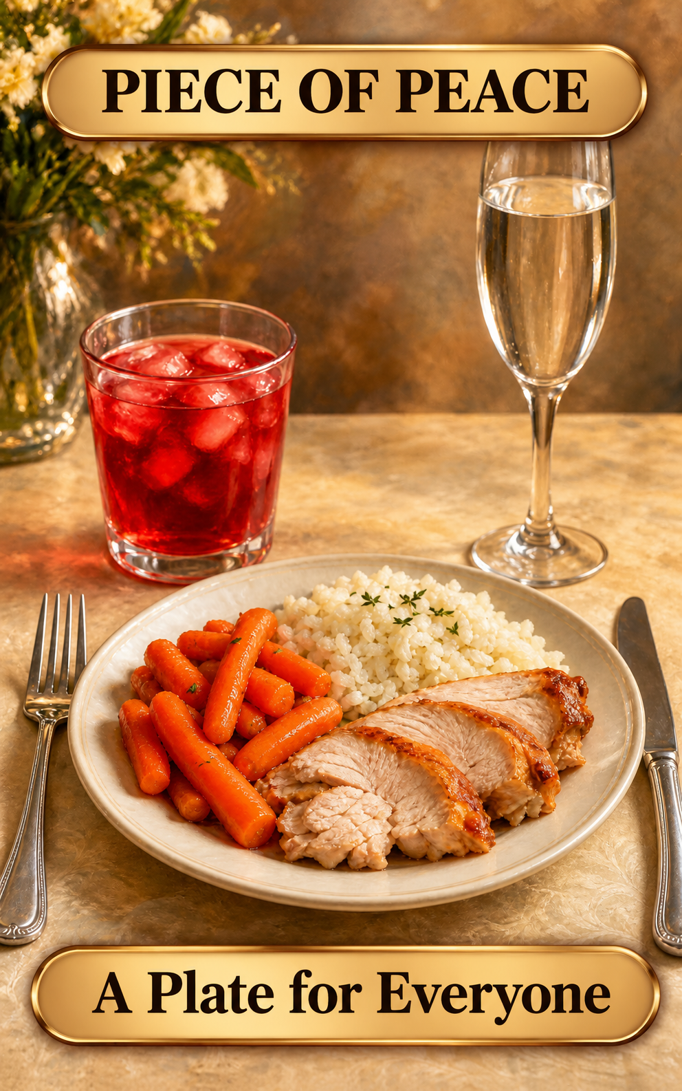 A plate of turkey, carrots and rice with fruit punch